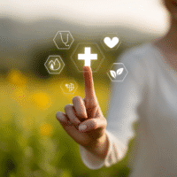 Itinai.com hand touching a medical cross symbol with icons on e5b87c19 7951 4f13 a5d0 d29b22a508e8 2